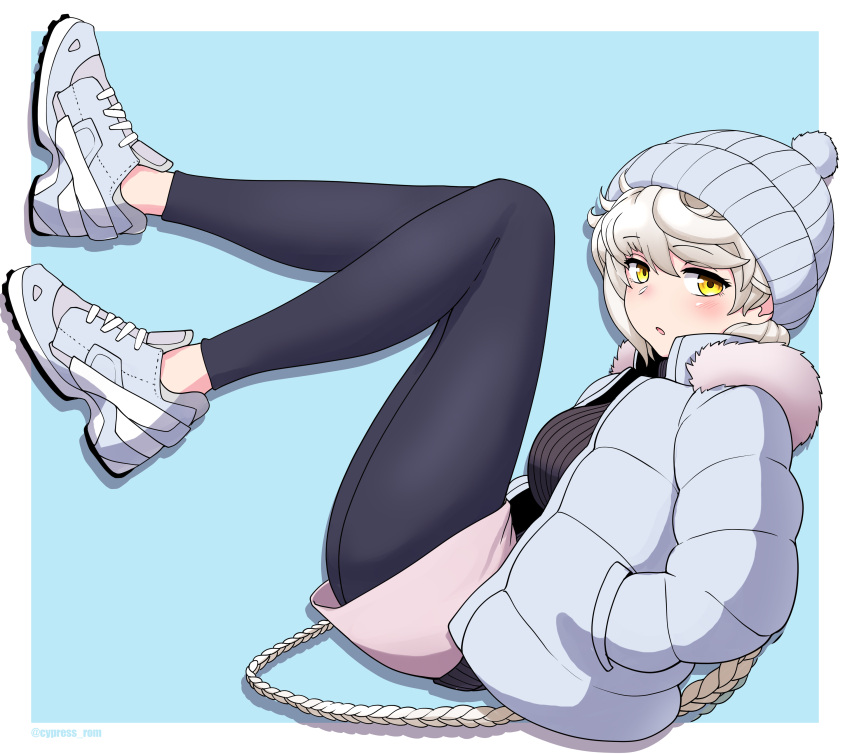 1girl, absurdres, asymmetrical_hair, black_leggings, black_sweater, blue_coat, braid, braided_ponytail