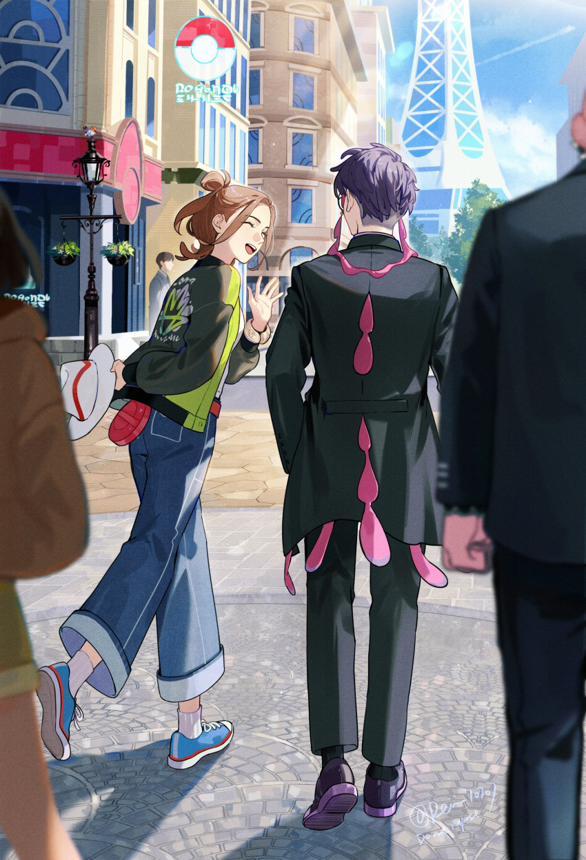 1other, 2girls, 3boys, absurdres, black_hair, black_jacket, blue_shoes, brown_hair