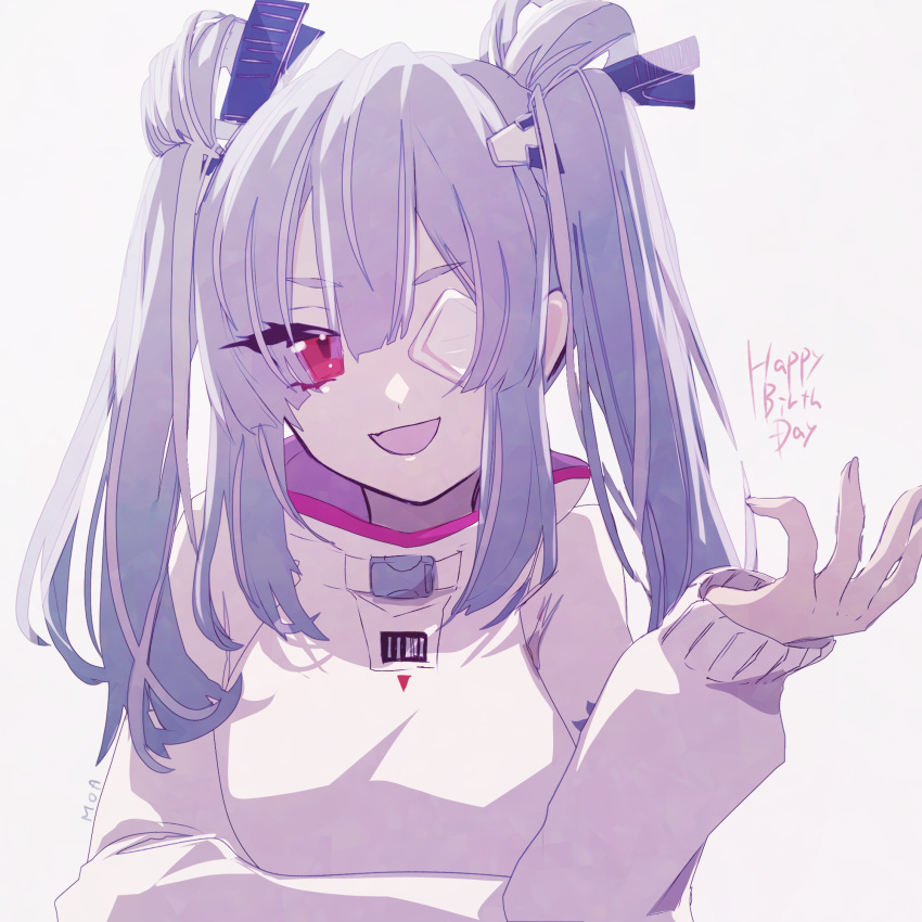 1girl, commentary_request, double_bun, eyepatch, grey_hair, hair_bun, heaven_burns_red, highres