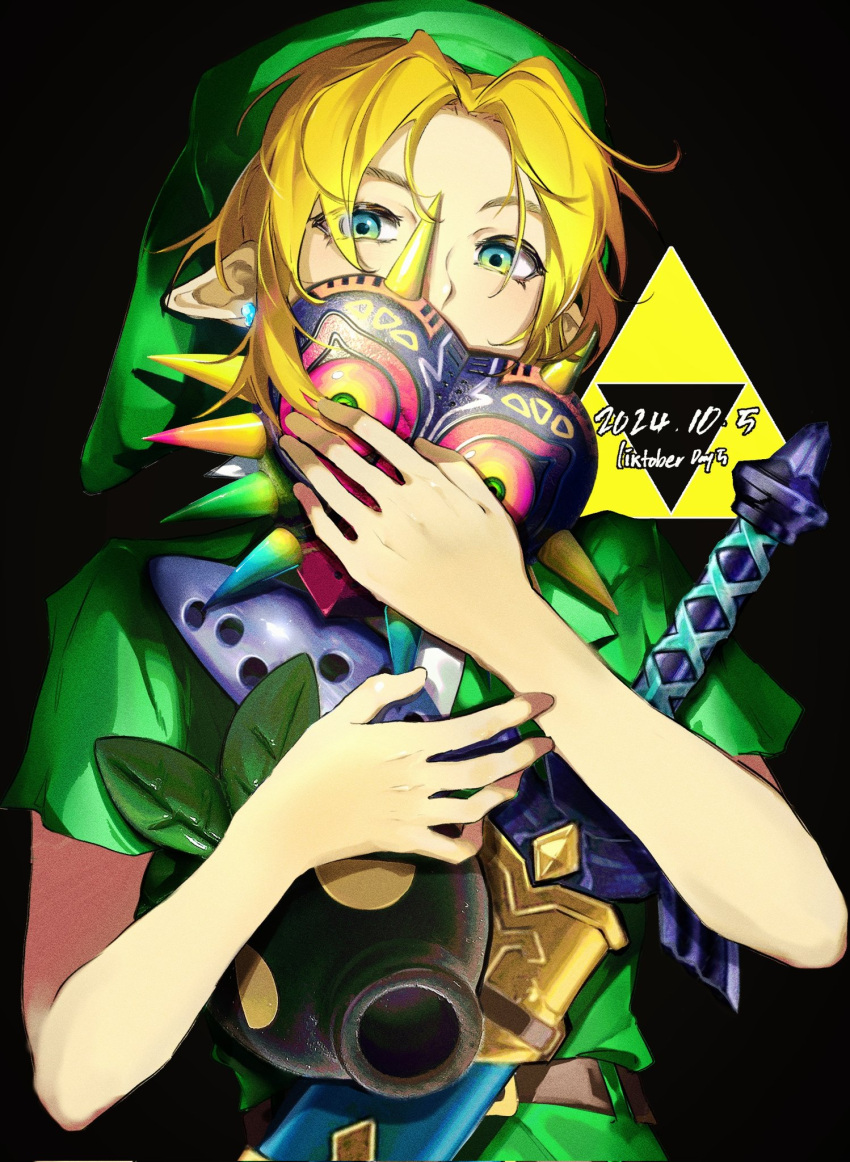 1boy, belt, black_background, blonde_hair, blue_eyes, brown_belt, commentary, dated