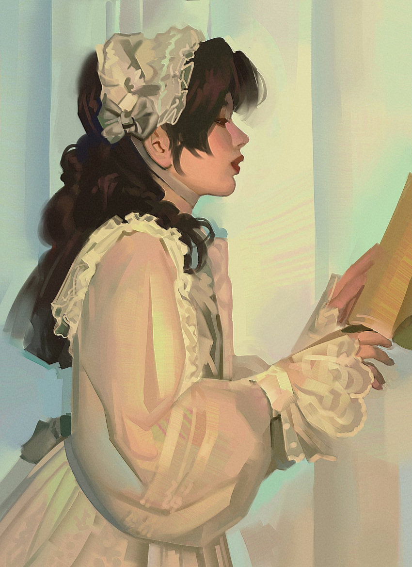 1girl, aerith_gainsborough, alternate_costume, apron, art_study, book, brown_hair, commentary, dress, english_commentary, final_fantasy, final_fantasy_vii, frilled_hairband, frills, hairband, highres, holding, holding_book, jeseni, long_hair, long_sleeves, parted_bangs, parted_lips, pink_dress, profile, puffy_long_sleeves, puffy_sleeves, red_lips, sleeves_past_wrists, solo, upper_body, white_apron, white_hairband