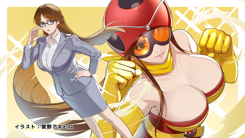 1girl, bare_shoulders, belt, blue_eyes, breasts, brown_hair, cosplay, elbow_gloves, electro_wave_human_tackle, electro_wave_human_tackle_(cosplay), gloves, helmet, large_breasts, long_hair, looking_at_viewer, mask, miyano_akihiro, official_art, okada_yuriko, red_helmet, scarf, shirt, toujima_tanzaburou_wa_kamen_rider_ni_naritai, yellow_belt, yellow_gloves, yellow_scarf