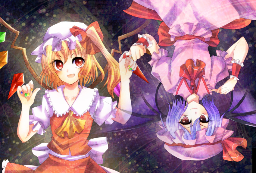 ascot, bat_wings, blonde_hair, blouse, blue_hair, fang, flandre_scarlet, hat, hat_ribbon, highres, lune_guy, multiple_girls, nail_polish, red_eyes, remilia_scarlet, ribbon, rotational_symmetry, short_hair, siblings, side_ponytail, sisters, skirt, smile, touhou, vest, wings, wrist_cuffs