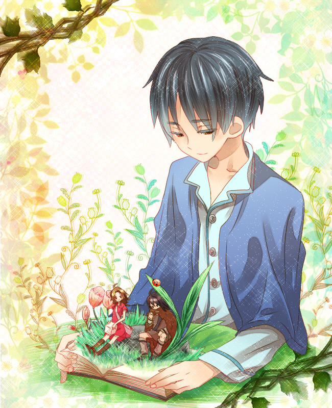 2boys, arrietty, bad_id, black_hair, book, flower, hii101, karigurashi_no_arrietty, ladybug, magic_pop-up_book, miniboy, minigirl, multiple_boys, pop-up_book, short_hair, shou, shou_(arrietty), shou_(karigurashi_no_arrietty), spiller, studio_ghibli