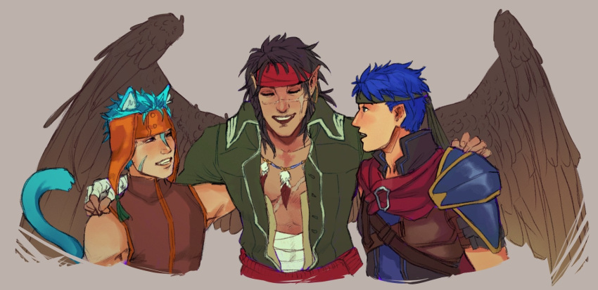3boys, aevi, animal_ears, arm_around_shoulder, armor, blue_hair, cat_boy, cat_ears
