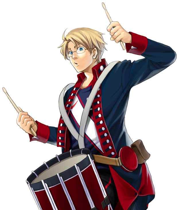 america_(hetalia), american_revolution, axis_powers_hetalia, blonde_hair, blue_eyes, drum, drumsticks, glasses