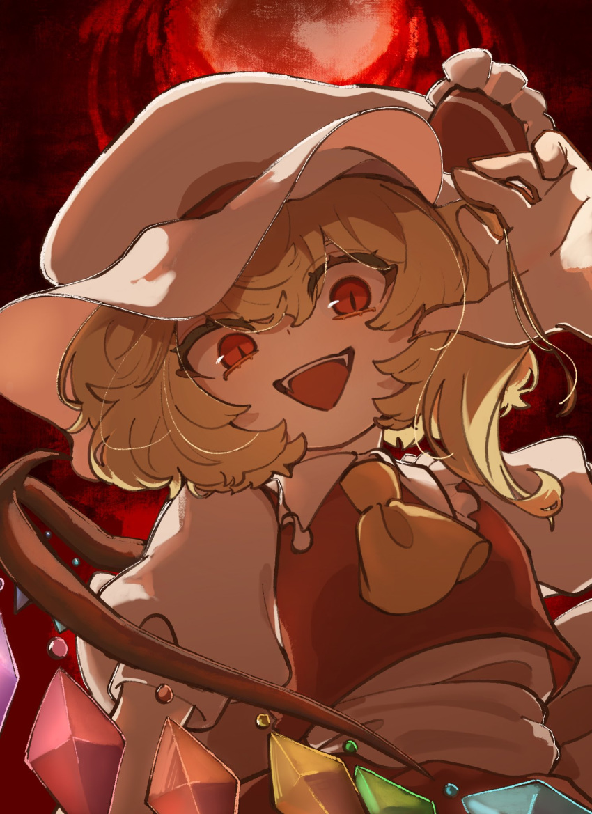 1girl, ascot, blonde_hair, bow, collared_shirt, crystal, fangs, flandre_scarlet