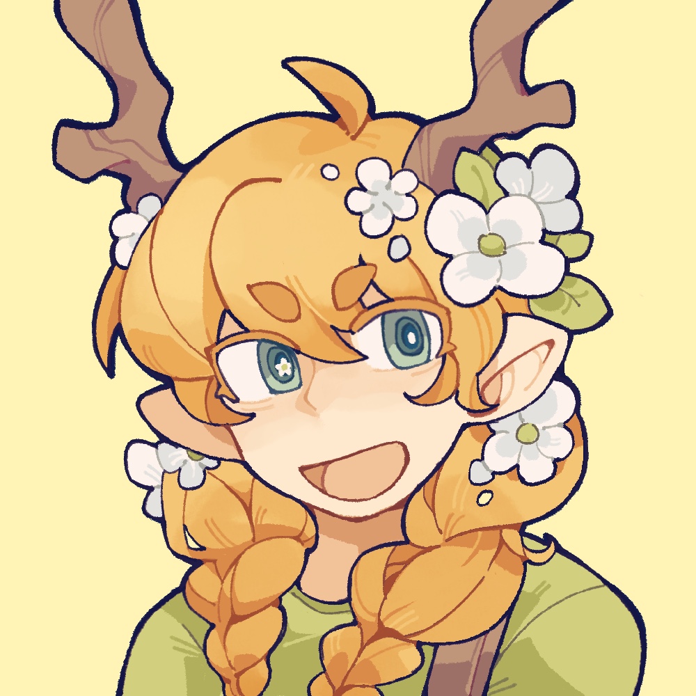 1girl, :d, ahoge, animification, antlers, braid, commentary, flower, geminitay, green_eyes, green_shirt, hair_flower, hair_ornament, hashtag-only_commentary, hermitcraft, horns, long_hair, looking_at_viewer, low_twin_braids, minecraft_youtube, orange_hair, pointy_ears, portrait, shirt, short_eyebrows, simple_background, smile, solo, star-shaped_pupils, star_(symbol), symbol-shaped_pupils, twin_braids, twintails, white_flower, yellow_background, yuepcat