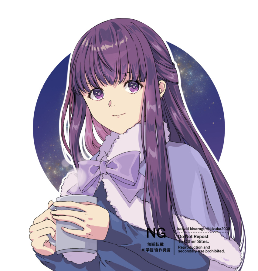 1girl, artist_name, blue_dress, border, capelet, closed_mouth, commentary_request, cup, dress, fern_(sousou_no_frieren), fur-trimmed_capelet, fur_trim, half_updo, highres, holding, holding_cup, kizuka2020, light_smile, purple_capelet, purple_hair, sidelocks, solo, sousou_no_frieren, steaming_cup, twitter_username, upper_body, violet_eyes, white_border