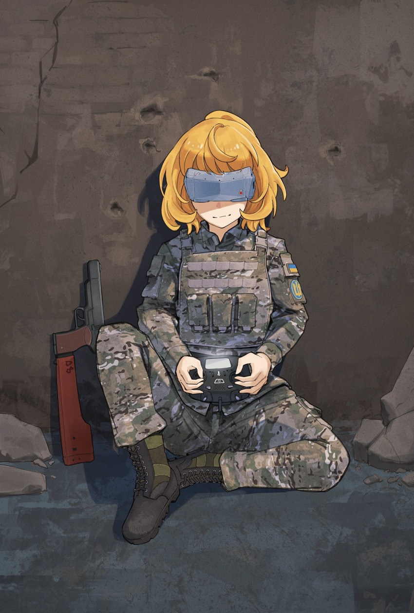 1girl, blonde_hair, boots, bullet_hole, camouflage, camouflage_jacket, camouflage_pants, commentary