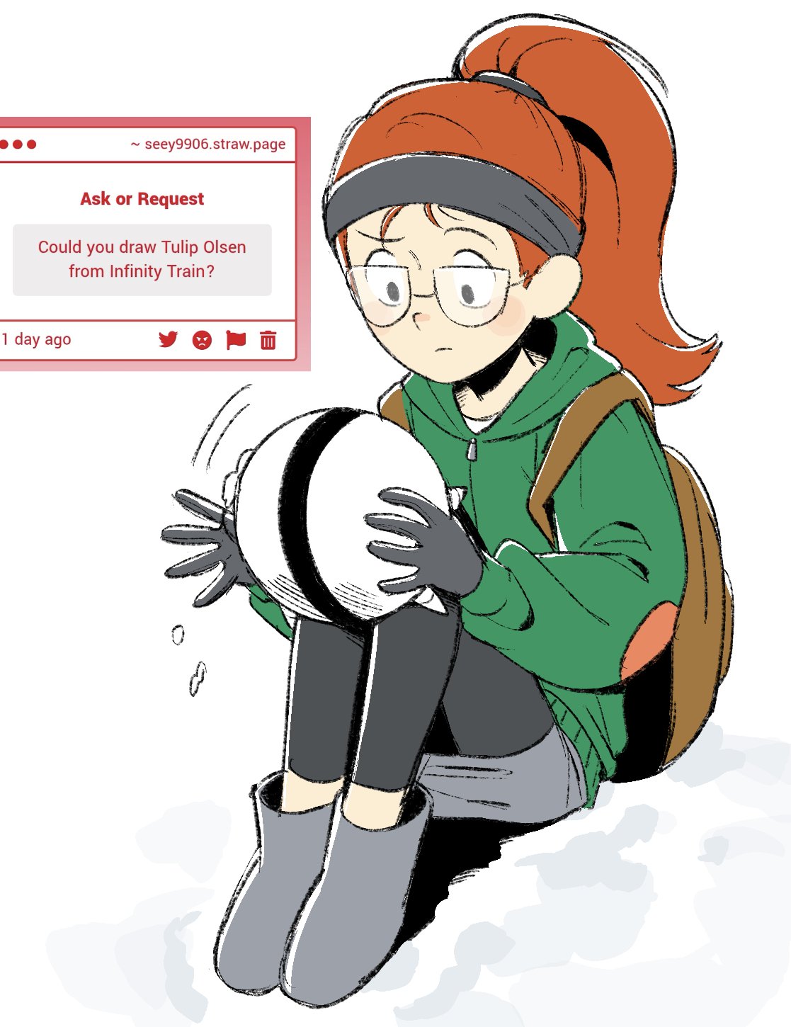 1girl, 990shitpost, backpack, bag, boots, commentary_request, elbow_patches, english_text