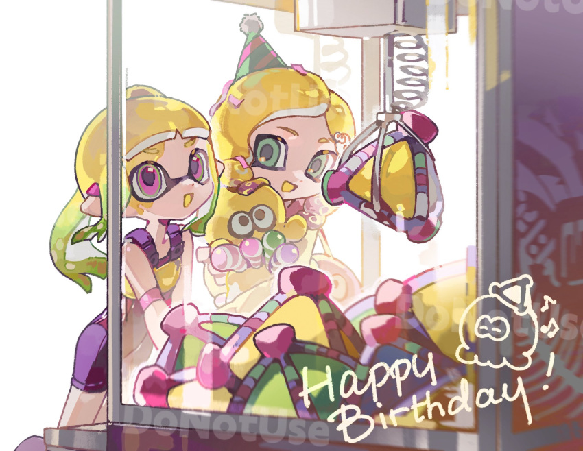 2girls, :d, blonde_hair, commentary, crane_game, eggykoo0821, gradient_hair, green_eyes, green_hair, happy_birthday, hat, highres, inkling, inkling_girl, inkling_player_character, long_hair, multicolored_hair, multiple_girls, octoling, octoling_girl, octoling_player_character, open_mouth, party_hat, pink_eyes, pointy_ears, smile, splat_bomb_(splatoon), splatoon_(series), splatoon_3, standing, symbol-only_commentary, tentacle_hair, two-tone_hair, watermark, white_background
