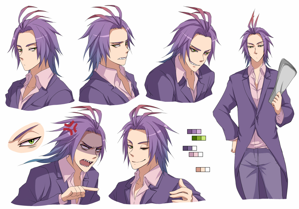 angry, antenna_hair, character_sheet, color_guide, gradient_hair, green_eyes, grin, male