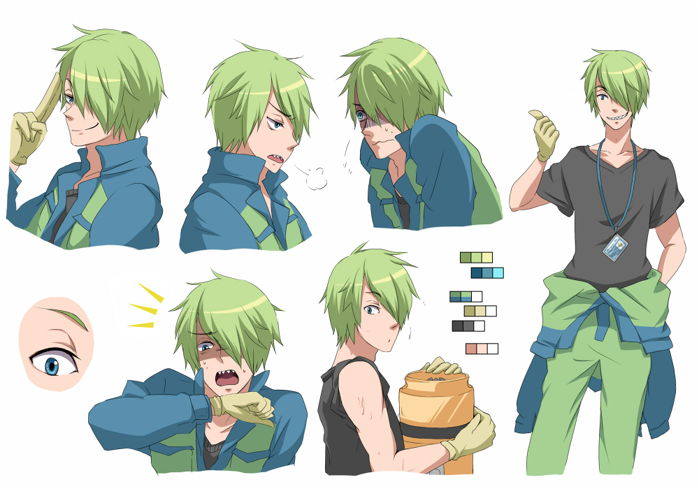 color_guide, gloves, green_hair, hair_over_one_eye, male, michael_wazowski, monsters_inc., personification
