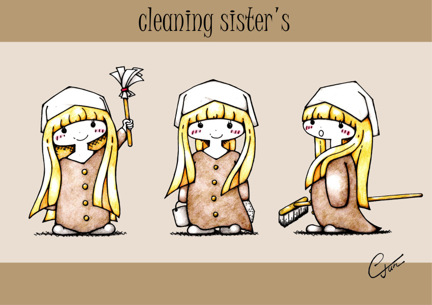 1girl, absurdres, artist_name, blonde_hair, broom, brown_background, brown_dress, bucket