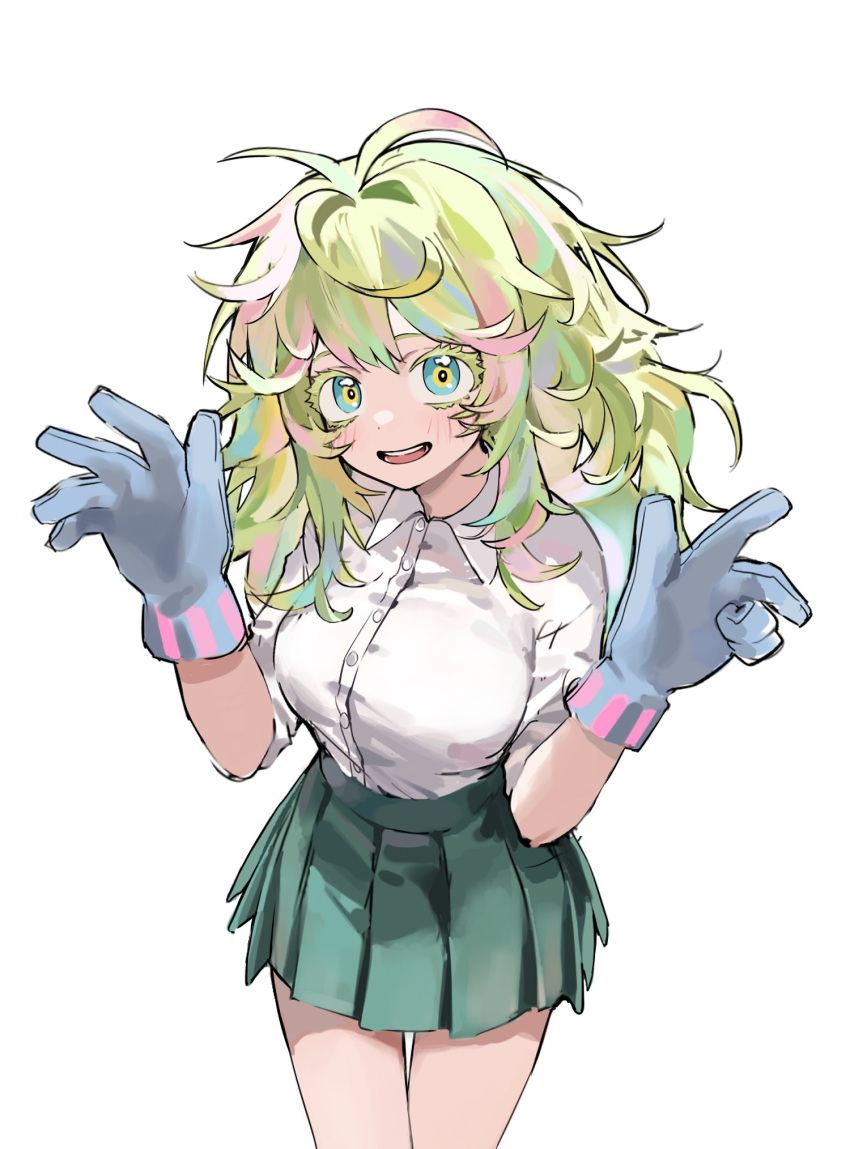 1girl, ahha3_good, aqua_eyes, blonde_streaks, blue_gloves, blush, boku_no_hero_academia, breasts