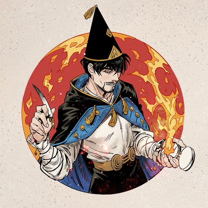 1boy, black_cape, black_hair, black_hat, black_pants, blue_cape, cape, facial_hair, hashtag-only_commentary, hat, holding, holding_quill, kaysd999, looking_down, male_focus, olruggio_(tongari_boushi_no_atelier), pants, parted_lips, quill, shirt, shirt_tucked_in, short_hair, smile, solo, tassel, tongari_boushi_no_atelier, two-sided_cape, two-sided_fabric, white_shirt