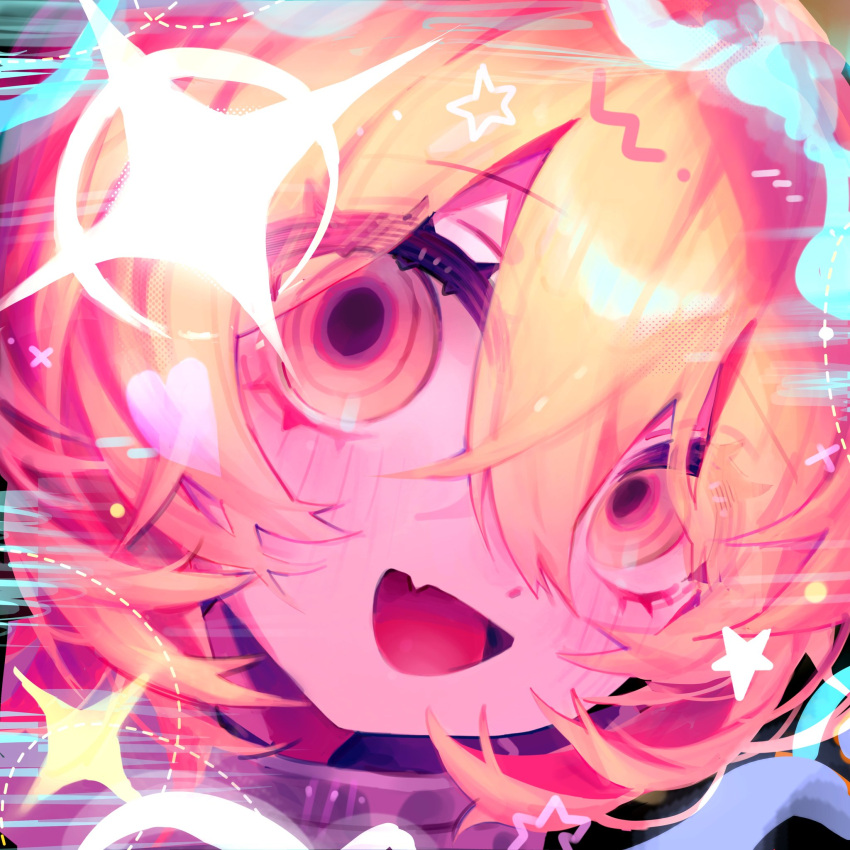1girl, blonde_hair, blush, collar, crossed_bangs, don_quixote_(project_moon), fang, head_tilt
