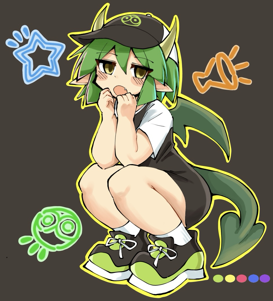 1girl, :o, baseball_cap, black_background, black_hat, black_shirt, black_shoes, black_shorts, blush, brown_eyes, character_print, clenched_hands, commentary_request, double-parted_bangs, draco_centauros, draco_centauros_(spirited), dragon_girl, dragon_horns, dragon_tail, dragon_wings, elbow_on_knee, fang, green_hair, green_shoes, hair_between_eyes, hands_on_own_chin, hat, horn_(instrument), horns, kurokogeee, medium_hair, multicolored_shoes, official_alternate_costume, open_mouth, outline, pointy_ears, puyo_(puyopuyo), puyopuyo, puyopuyo_quest, shirt, shoes, short_sleeves, shorts, simple_background, socks, solo, squatting, star_(symbol), tail, two-tone_hat, two-tone_shirt, two-tone_shoes, white_hat, white_shirt, white_socks, wings, yellow_outline
