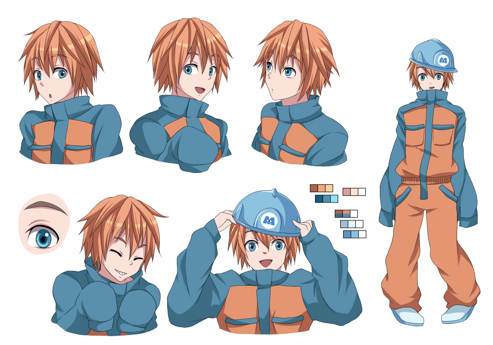 character_sheet, color_guide, helmet, male, monsters_inc., orange_hair, personification, rocky_(monsters_inc.)