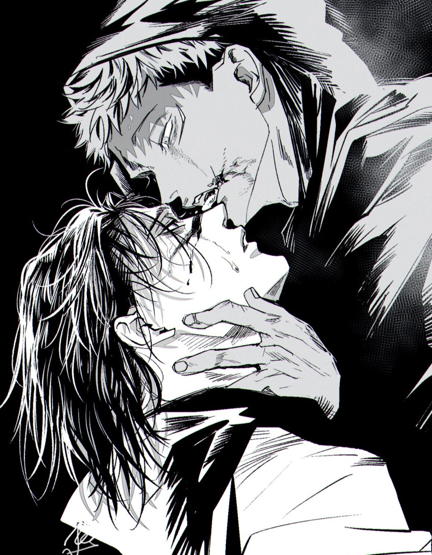 2boys, blood, blood_on_face, brothers, choso_(jujutsu_kaisen), facial_mark, from_side, greyscale