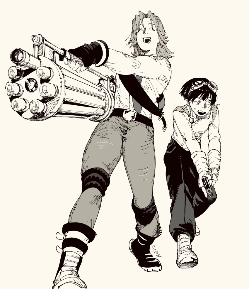 2girls, derringer, gatling_gun, gun, handgun, highres, holding, holding_gun, holding_weapon, long_hair, meryl_stryfe, milly_thompson, monochrome, multiple_girls, napp, short_hair, smile, tall_female, trigun, trigun_stargaze, weapon