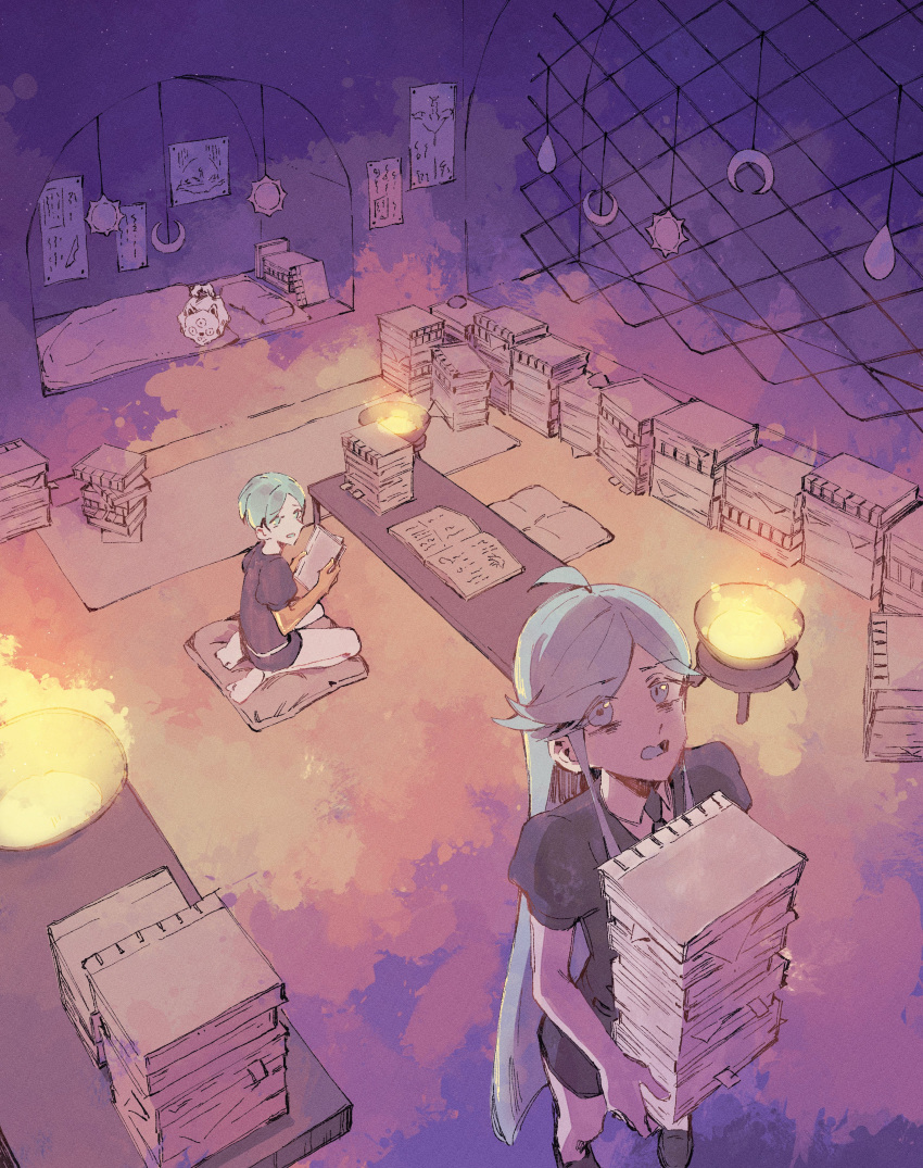 2others, absurdres, ahoge, alexandrite_(houseki_no_kuni), androgynous, bed, blue_eyes, blue_hair