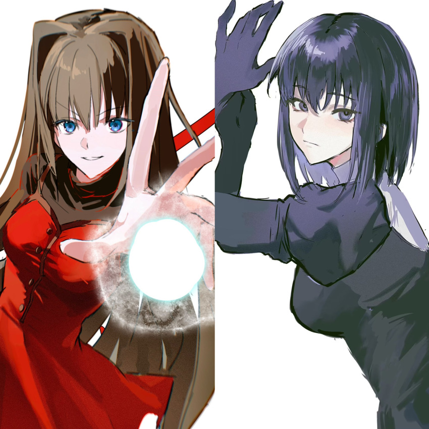 2girls, aozaki_aoko, black_eyes, black_hair, blue_eyes, brown_hair, dress, hair_intakes, highres, kuonji_alice, layered_clothes, long_hair, magic, mahou_tsukai_no_yoru, multiple_girls, short_hair, sweater, turtleneck, turtleneck_sweater, woodsheep59366