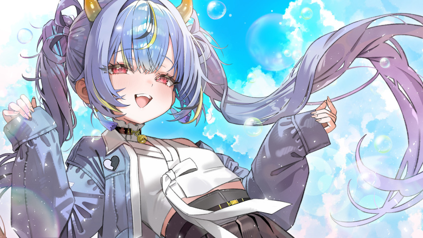 1girl, absurdres, bell, black_skirt, blue_hair, blue_jacket, blush, bubble