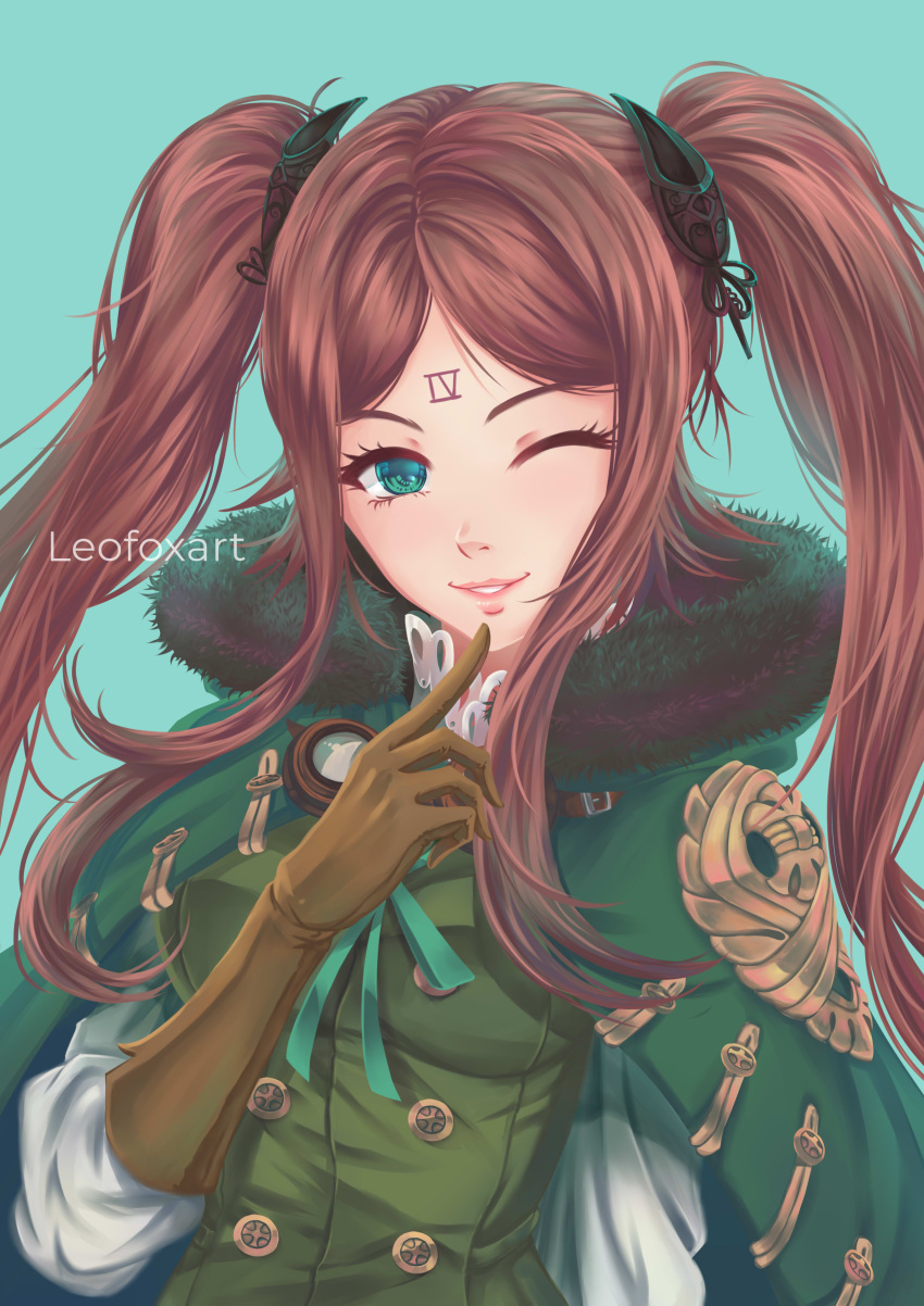 1girl, absurdres, aqua_background, artist_name, breasts, brown_gloves, brown_hair, buttons