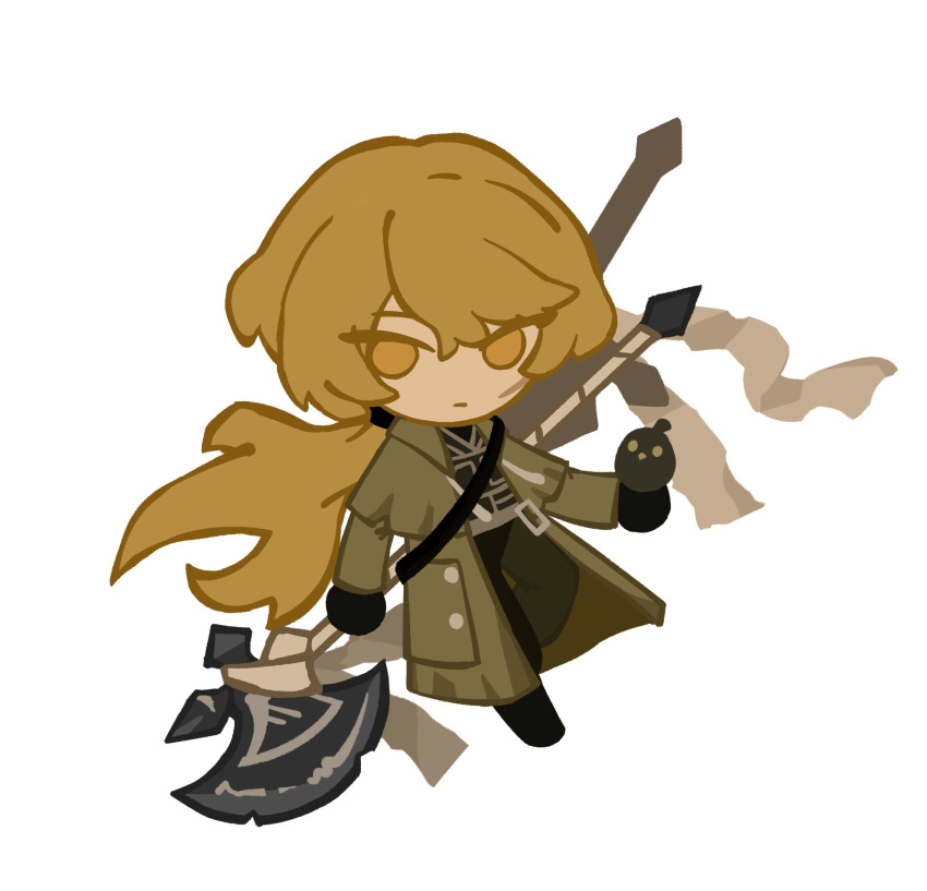 1boy, a_certain_sinclair_(project_moon), arknights, axe, black_gloves, black_pants, blonde_hair, capelet, chibi, coat, commentary, gloves, green_capelet, green_coat, halberd, highres, holding, holding_axe, limbus_company, long_hair, looking_at_viewer, low_ponytail, mysopheia, pants, polearm, ponytail, project_moon, simple_background, sinclair_(project_moon), solo, sword, sword_on_back, symbol-only_commentary, very_long_hair, weapon, weapon_on_back, white_background, yellow_eyes