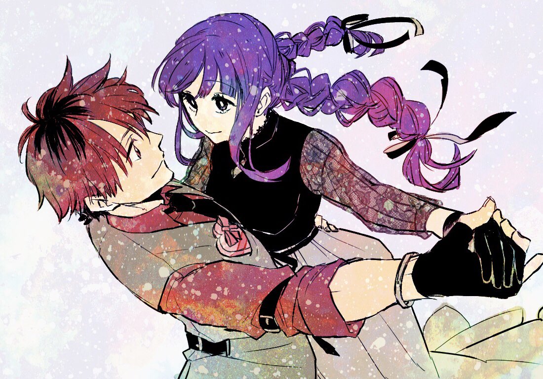 1boy, 1girl, arm_around_waist, black_gloves, black_necktie, black_roots, black_shirt, boo_br, box, bracelet, braid, breasts, collared_shirt, couple, dancing, fingerless_gloves, frieren, gloves, grey_skirt, grey_vest, hair_between_eyes, heart-shaped_box, hetero, holding_hands, jewelry, lace, lace_sleeves, light_smile, long_hair, long_skirt, looking_at_another, medium_breasts, necktie, purple_hair, red_hair, red_shirt, see-through_clothes, see-through_sleeves, shirt, short_hair, sidelocks, skirt, sousou_no_frieren, stark_(sousou_no_frieren), twin_braids, twintails, vest, waistcoat