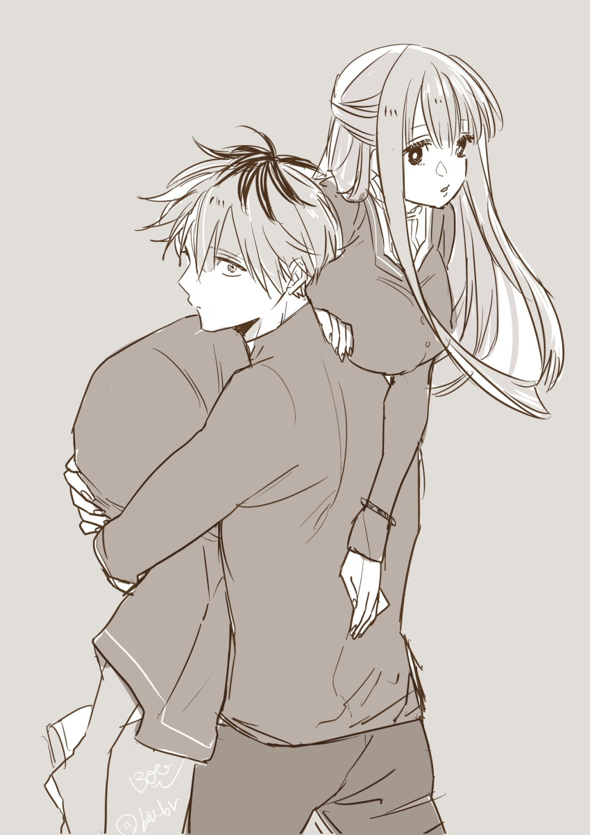 1boy, 1girl, black_roots, boo_br, bracelet, breasts, carrying, dress