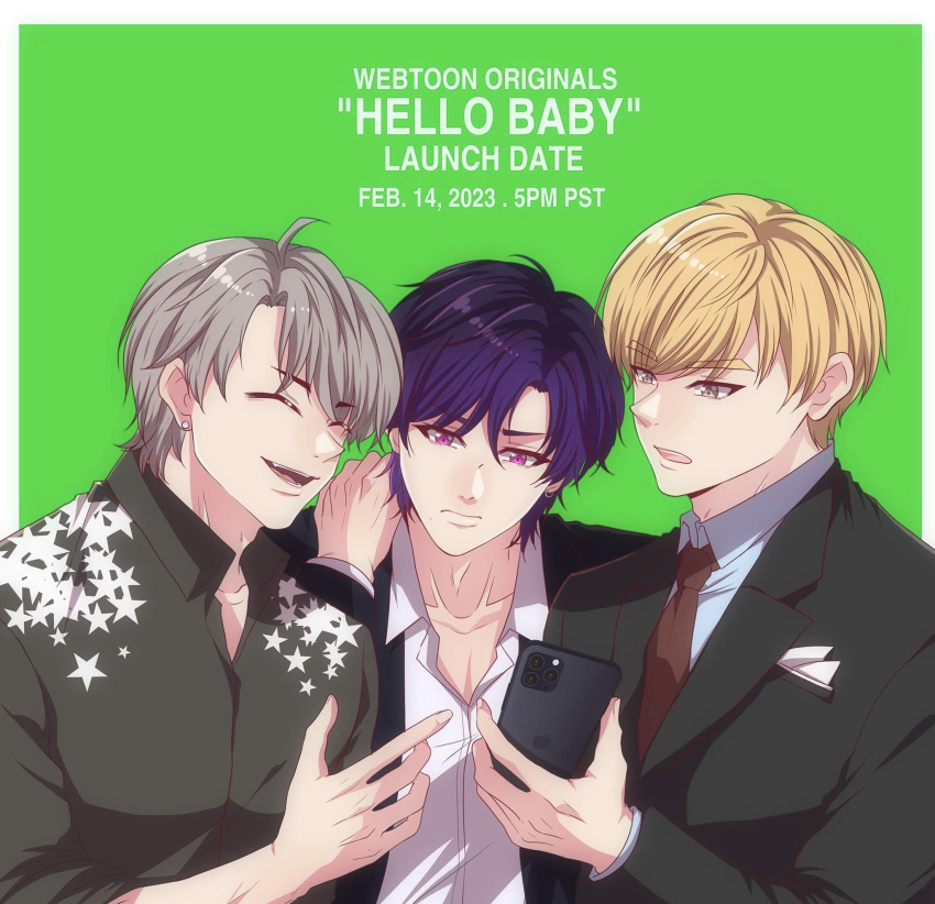 3boys, ^_^, arthur_morante, black_shirt, blonde_hair, character_request, closed_eyes, closed_mouth