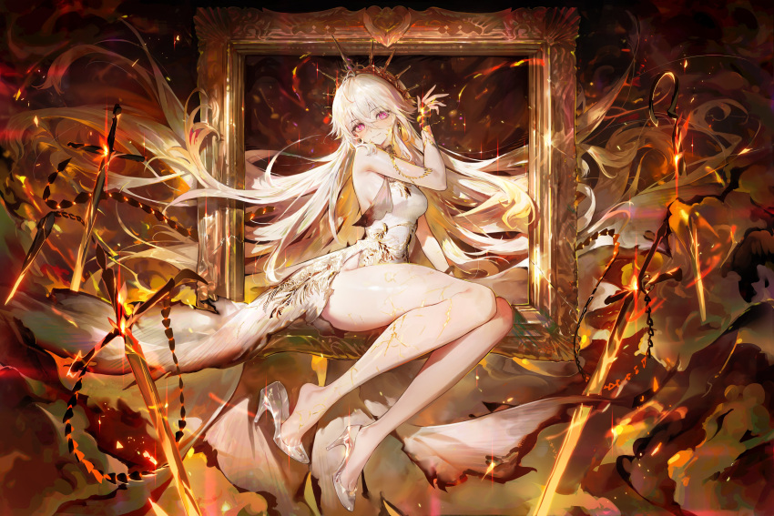 1girl, absurdres, agoto, bare_legs, bare_shoulders, burn_scar, burning, burnt_clothes, cinderella_(silver_palace), closed_mouth, crossed_bangs, crown, dress, empty_picture_frame, fiery_hair, fire, glass_slipper, hair_between_eyes, high_heels, highres, long_hair, looking_at_viewer, picture_frame, pink_eyes, scar, silver_palace, sitting, sleeveless, sleeveless_dress, solo, sword, very_long_hair, weapon, white_dress, white_hair