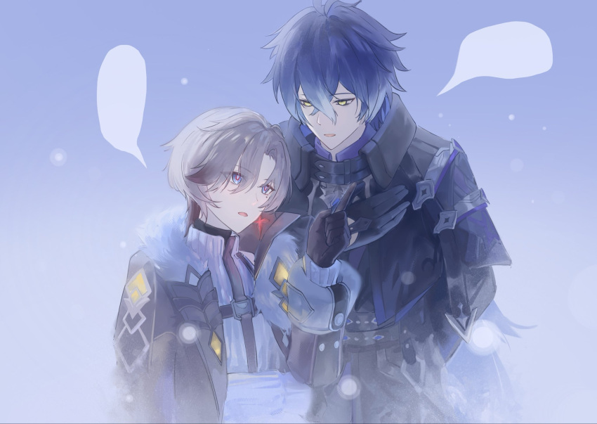 2boys, blank_speech_bubble, blue_hair, cold, crossed_bangs, earrings, flins_(genshin_impact), fur_trim