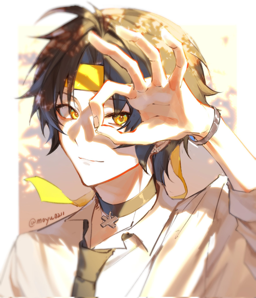 1boy, arm_up, asaba_harumasa, black_choker, black_hair, black_necktie, bracelet, choker