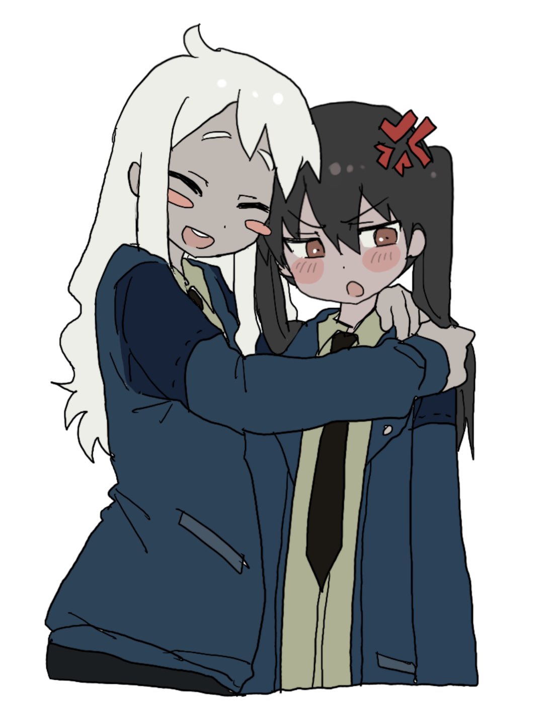 2girls, anger_vein, black_hair, black_necktie, blue_jacket, blush, collared_shirt, cowboy_shot