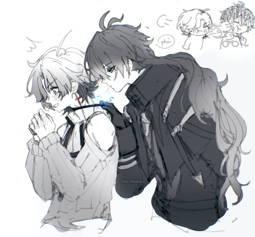 2boys, ahoge, bare_shoulders, black_gloves, blowing_on_neck, blush, chibi, chibi_inset, choker, commentary_request, do_mkokoro, earrings, flins_(genshin_impact), genshin_impact, gloves, greyscale, highres, illuga_(genshin_impact), implied_yaoi, jewelry, leaning_forward, long_hair, long_sleeves, male_focus, monochrome, multiple_boys, scar, single_earring, surprised, turtleneck, white_background
