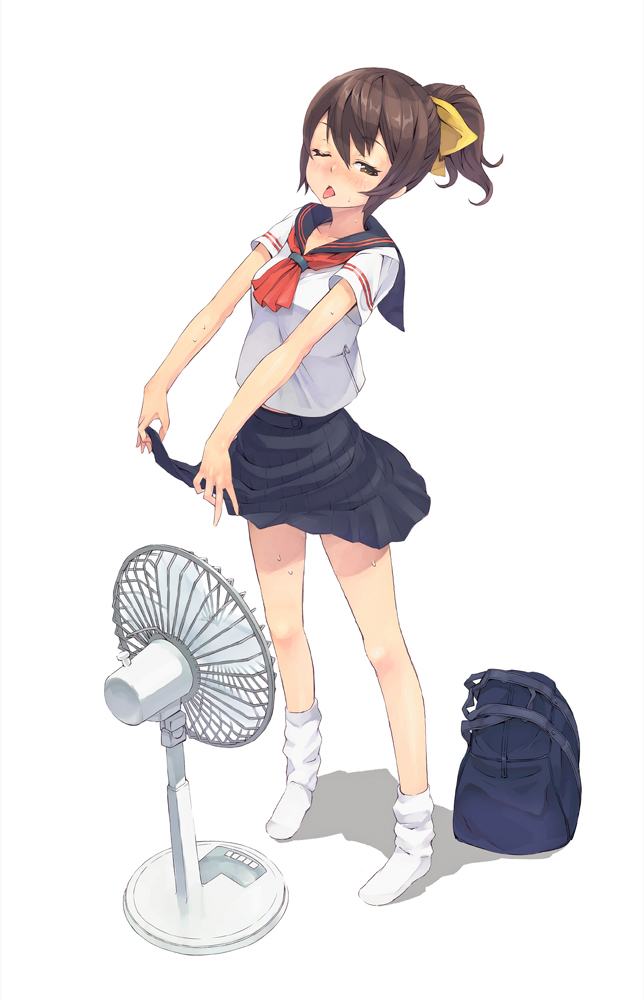 blush, brown_eyes, brown_hair, electric_fan, fanning_crotch, footwear, hot, maeda_risou