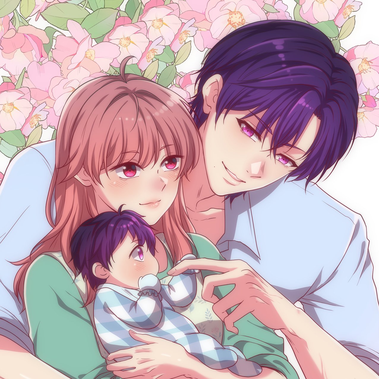 1girl, 2boys, ahoge, arthur_morante, baby, blue_shirt, character_request, closed_mouth