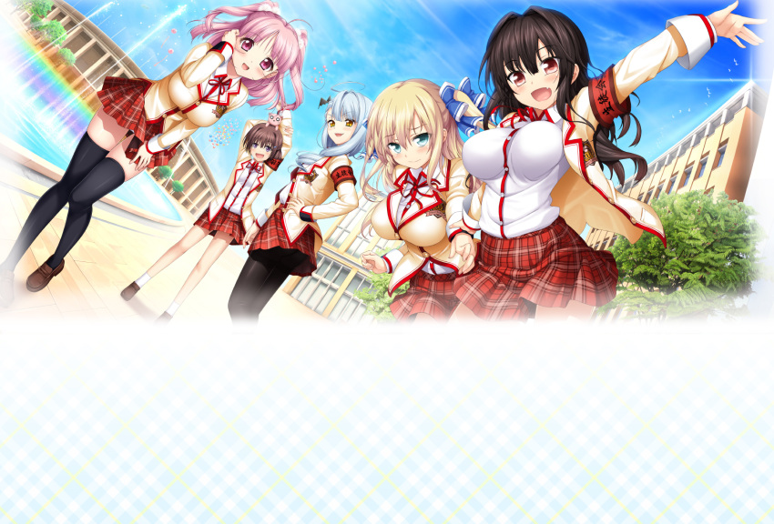 5girls, armband, black_hair, black_pantyhose, blonde_hair, blush, breasts, collared_shirt