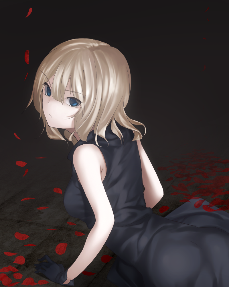 blonde_hair, blue_eyes, dress, gloves, looking_back, maco, original, petals
