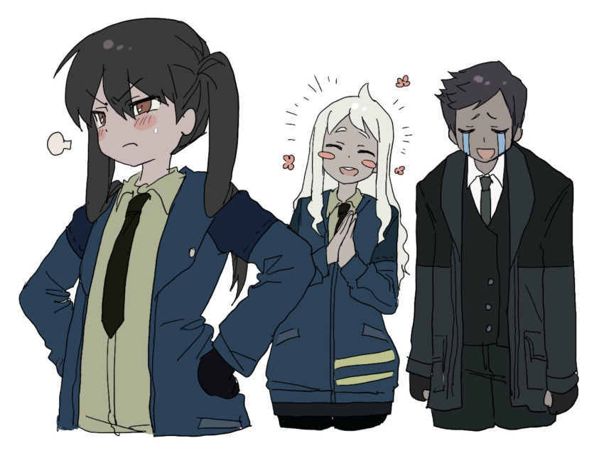 1boy, 2girls, black_gloves, black_jacket, black_pants, black_vest, blue_jacket, blush_stickers