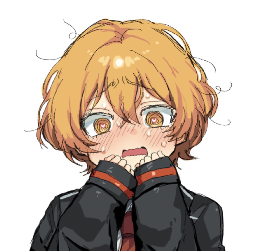 1boy, @_@, black_coat, blonde_hair, blush, coat, commentary_request, full-face_blush