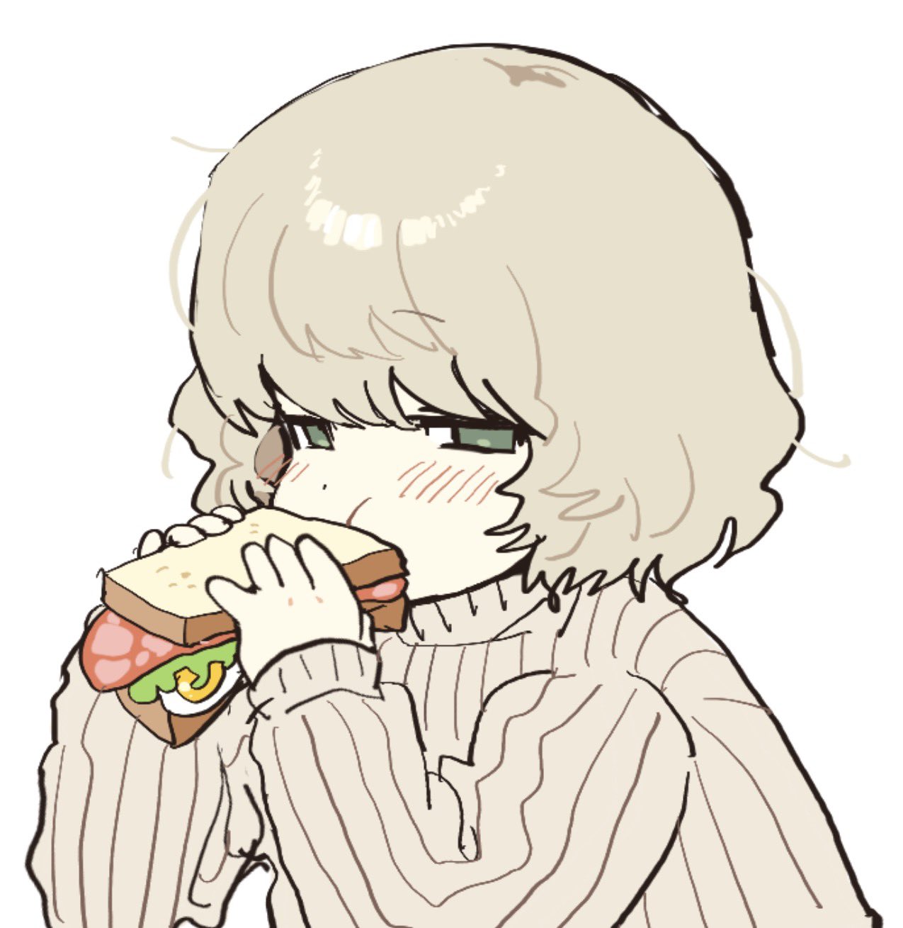 1boy, blush, brown_hair, brown_sweater, commentary_request, eating, egg_sandwich, food, fried_egg, green_eyes, ham, hands_up, highres, korean_commentary, lettuce, library_of_ruina, looking_at_viewer, medium_hair, project_moon, ribbed_sweater, sandwiched, solo, stephan_(project_moon), stephe666q, sweater
