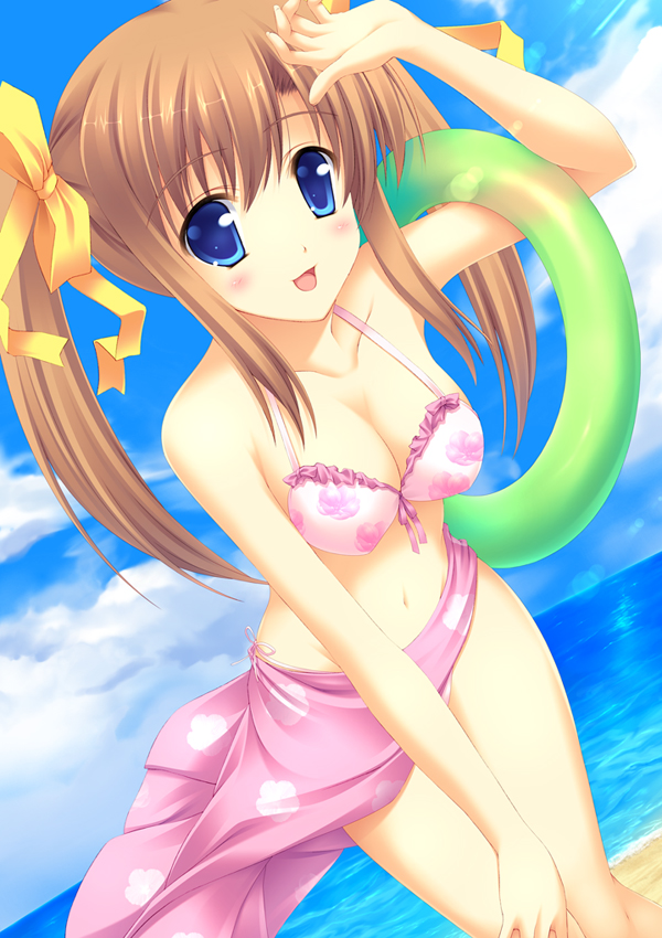 beach, bikini, blue_eyes, blush, breasts, brown_hair, character_request, cleavage