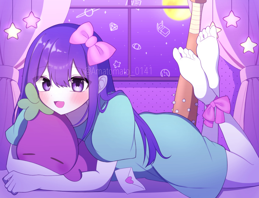 1girl, amatomato_0141, aubrey_(headspace)_(omori), aubrey_(omori), barefoot, baseball_bat, blue_shirt, blush