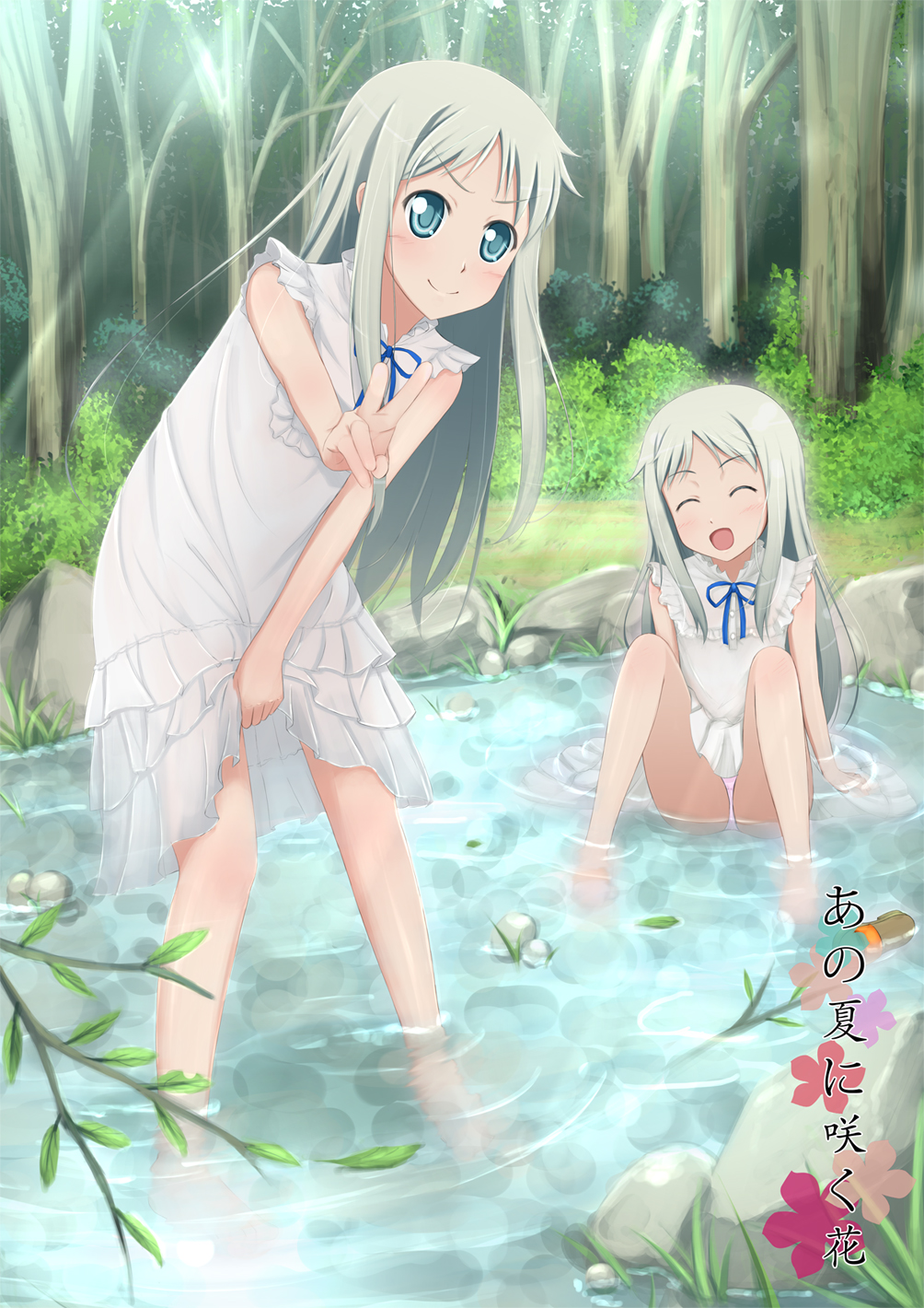 barefoot, blue_eyes, blush, closed_eyes, dress, dual_persona, eyes_closed, fllay, forest, highres, honma_meiko, long_hair, nature, open_mouth, panties, pantyshot, pantyshot_(sitting), pantyshot_sitting, pink_panties, ribbon, silver_hair, sitting, smile, underwear, v, wading, water, young