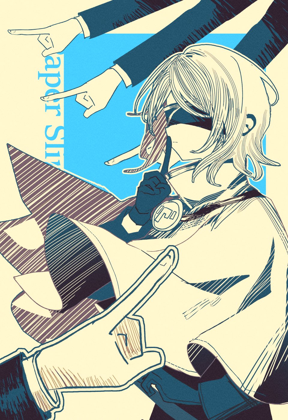 1girl, 4others, black_gloves, blindfold, blue_background, border, capelet, closed_mouth, facing_ahead, faust_(project_moon), gloves, hashtag-only_commentary, highres, index_(identity)_(project_moon), index_finger_raised, lcb_ssk, limbus_company, limited_palette, multiple_others, outline, outside_border, pointing, project_moon, short_hair, solo_focus, white_border, white_capelet, white_outline
